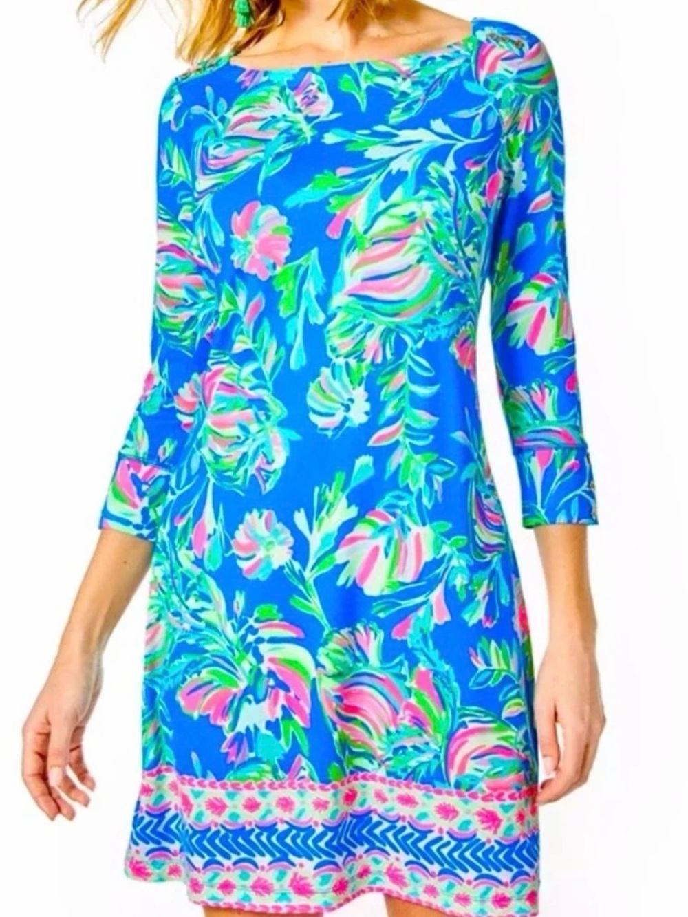 Lilly Pulitzer UPF 50+ Sophie Dress "Blue Flare Fancy Fins" 3/4 Sleeve Small